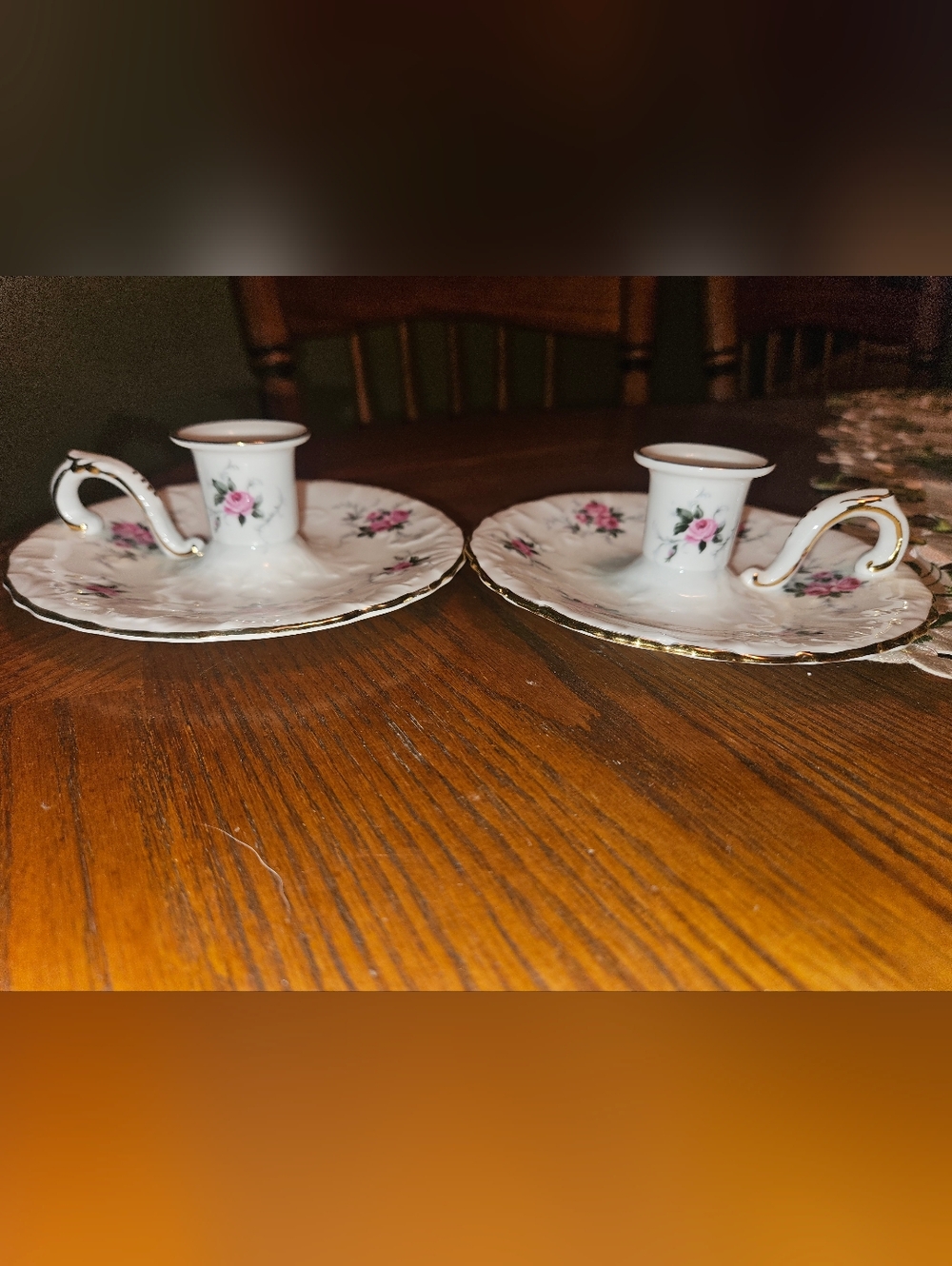 Princess House White Porcelain Candle Holders with Pink Rose & Gold Trim